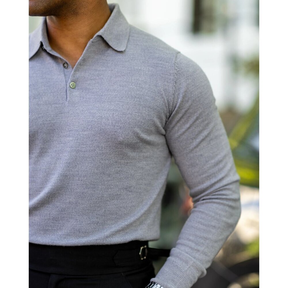 Collars & Co Bellagio Three Button Long Sleeve Merino Wool Polo Slate Blue XXL